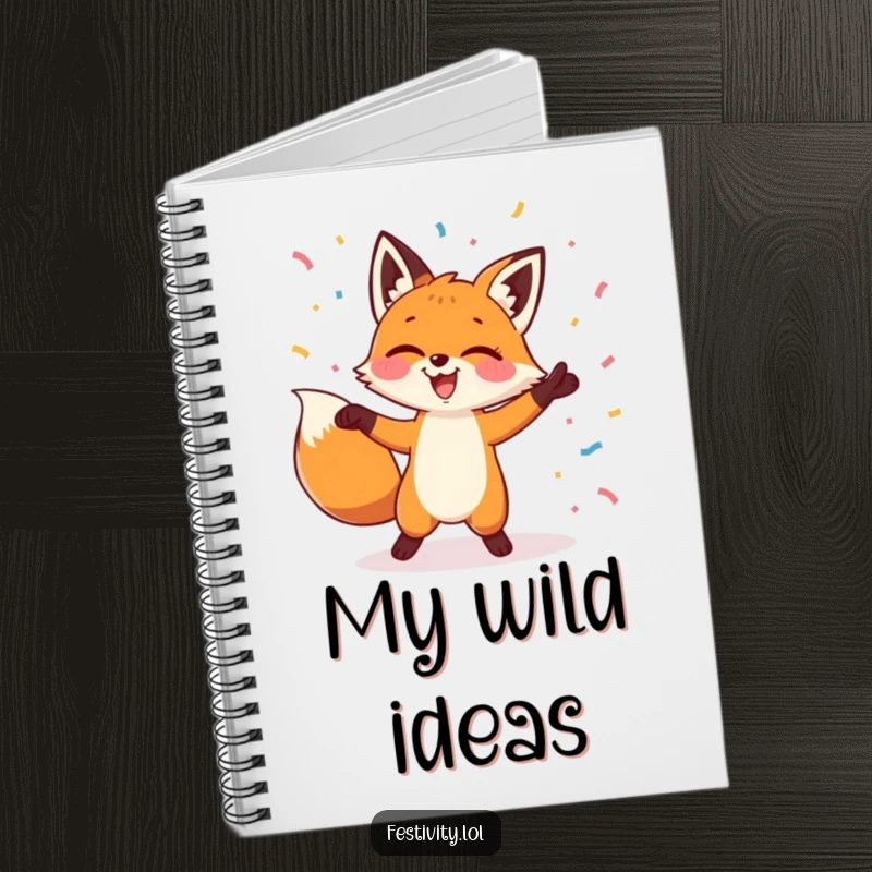 Funny notebook decorated with a fox dancing joyfully, surrounded by confetti, perfect for jotting down inspired thoughts.