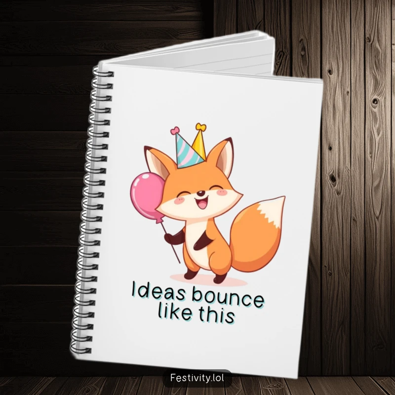 Funny notebook with a giggling fox in a party hat bouncing a balloon, ideal for writing, journaling, and creative notes.