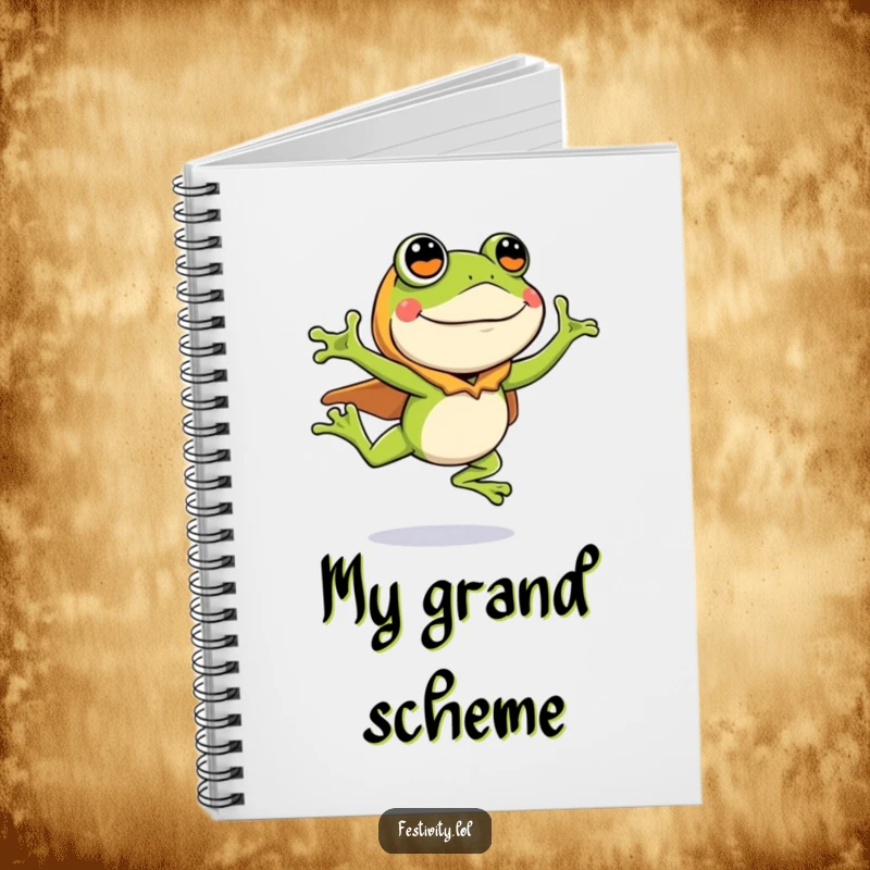 Funny notebook with a silly frog wearing a costume, leaping enthusiastically, ideal for writing and ideas.