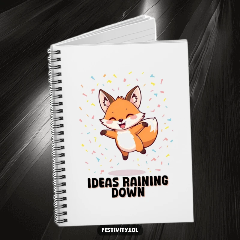 Funny notebook cover with a grinning fox leaping through confetti, ideal for journaling fun and joyful thoughts.