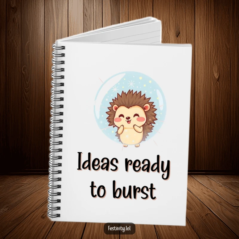 Funny notebook with a smiling hedgehog blowing a giant bubble filled with tiny fireworks, perfect for creative thoughts.