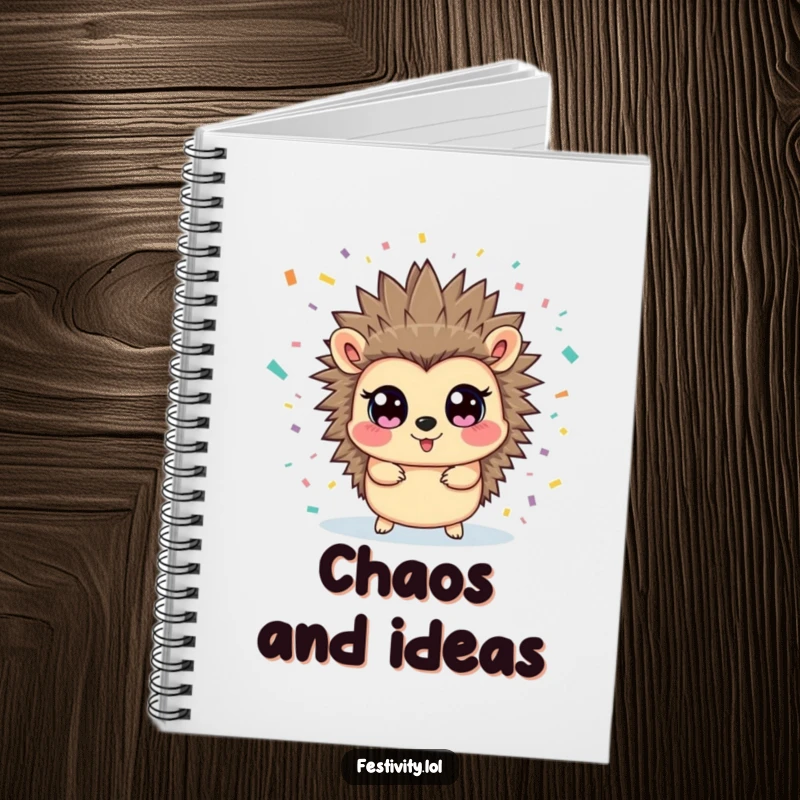 Funny hedgehog notebook featuring a hedgehog surprised by confetti, ideal for note-taking, journaling, or doodling with a touch of playful charm.