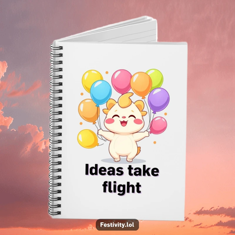 Funny joyful creature juggling colorful balloons on the cover of a creativity notebook.