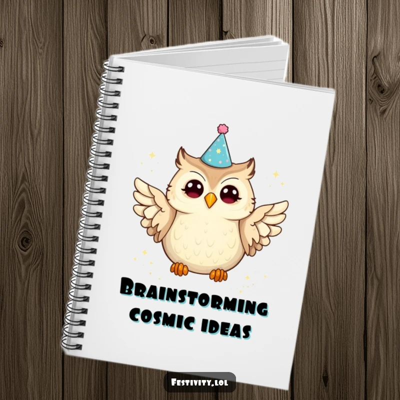 Funny owl notebook with a joyful owl in a party hat spilling glitter, great for journaling and creative writing with a humorous touch.