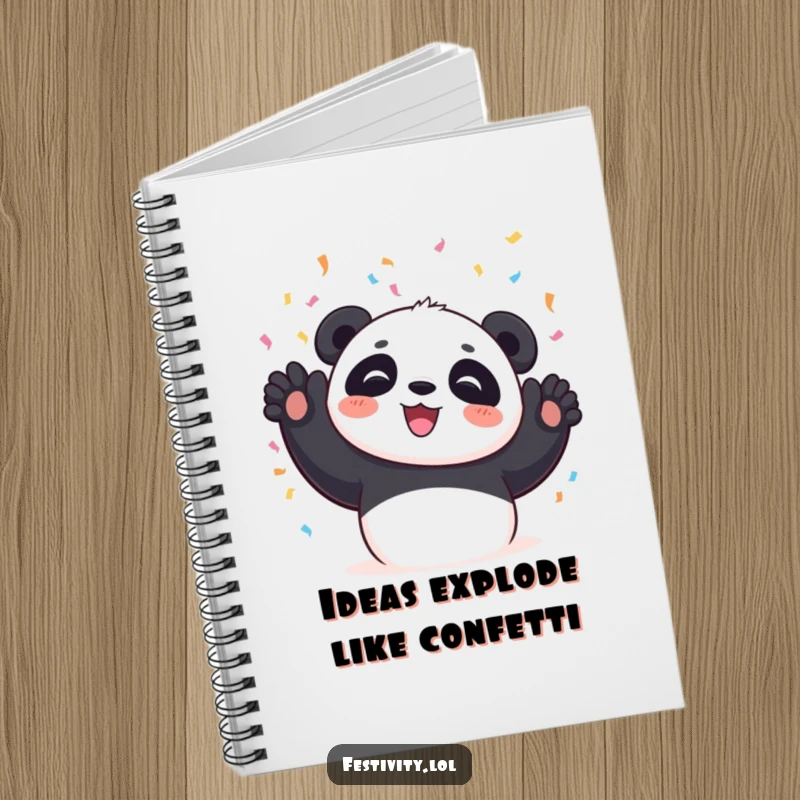 Funny Panda Notebook with a delighted panda tossing confetti, perfect for journaling or taking notes with a smile.
