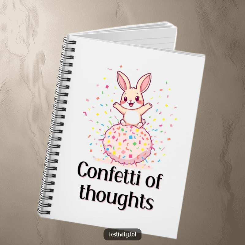 Funny rabbit notebook featuring a playful rabbit bouncing on a giant confetti bomb, perfect for note-taking with explosive fun.