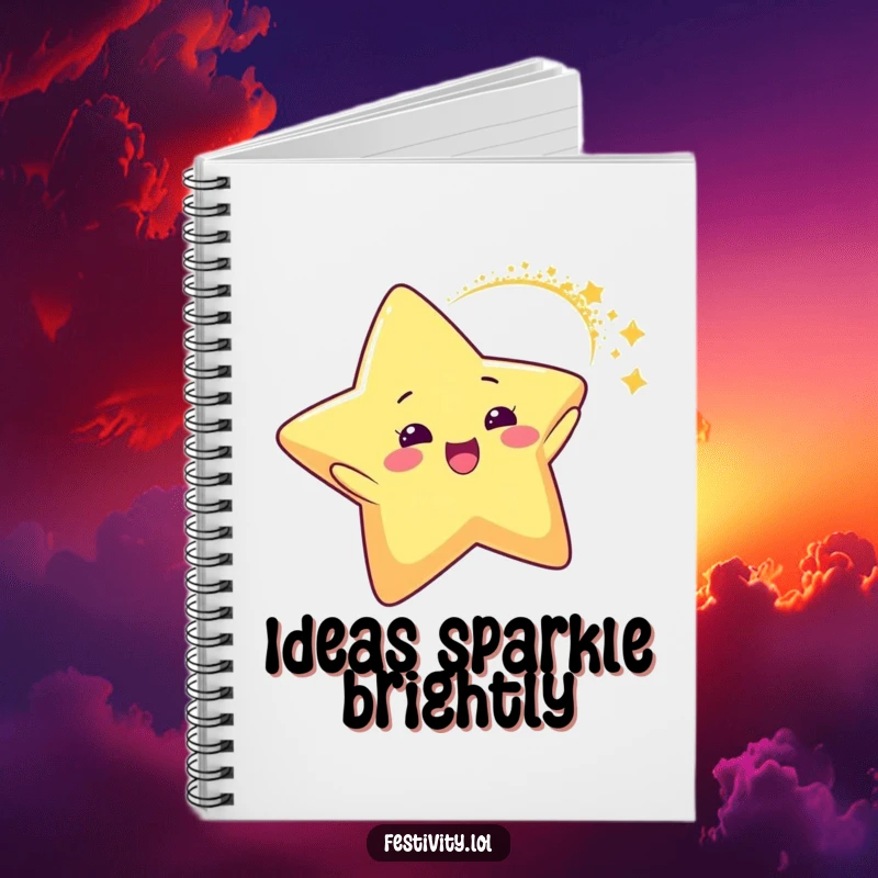 Funny Star Glitter Arc Notebook with a delighted star character leaving a trail of sparkling glitter, ideal for capturing notes with celestial charm.