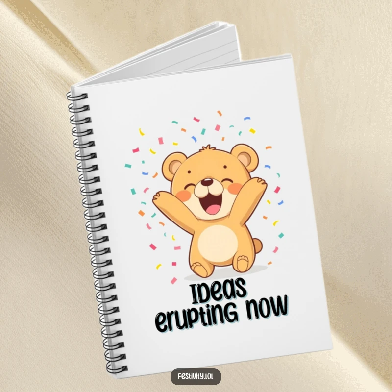 Funny Bear Cub Notebook features a joyful cub tossing confetti, ideal for capturing bright ideas with a humorous flair.