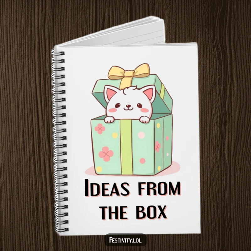 Funny notebook with a playful critter peeking from a gift box, perfect for jotting down notes with a touch of humor.