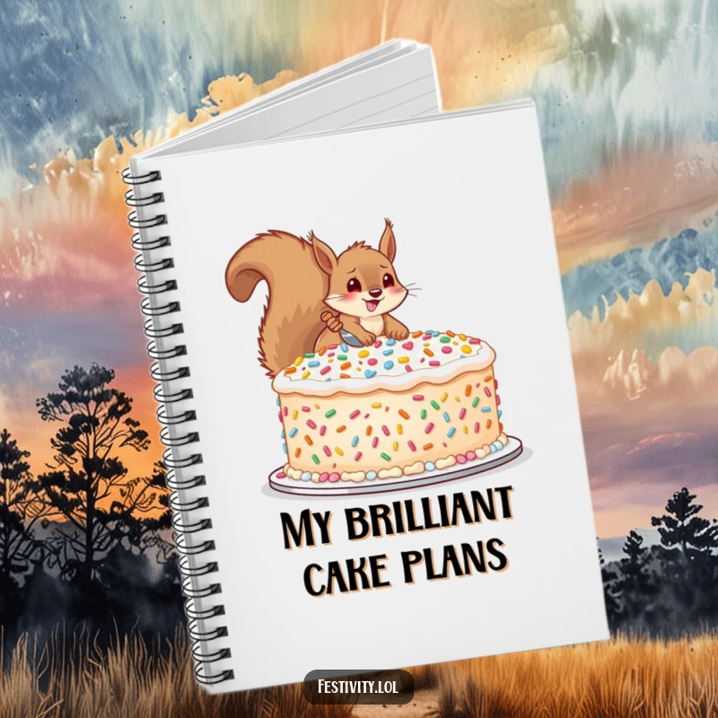 Funny notebook with a happy squirrel decorating a cake with oversized sprinkles, ideal for writing, journaling, and recipe notes.
