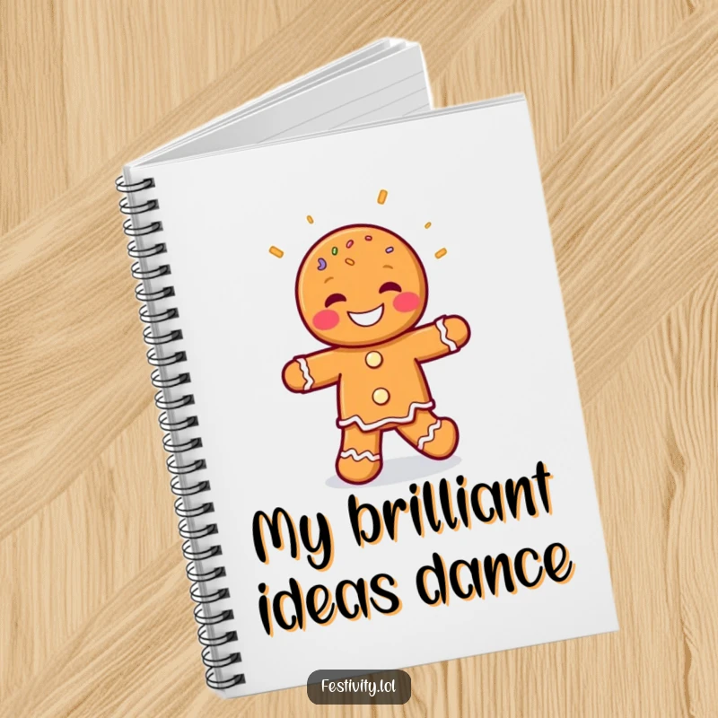 Funny Gingerbread Man Jig Notebook with a grinning gingerbread man character dancing happily, ideal for jotting down notes with a side of festive fun.