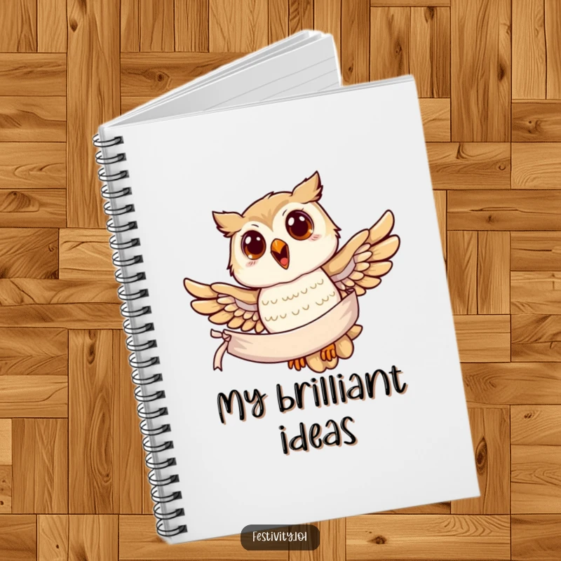 Funny owl notebook, a joyful owl soaring with a banner, perfect for notes and wise thoughts.