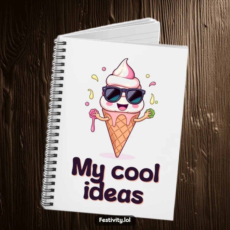 Funny Ice Cream Cone Notebook: A notebook featuring a smiling ice cream character comically juggling melting scoops, inspiring funny notes.