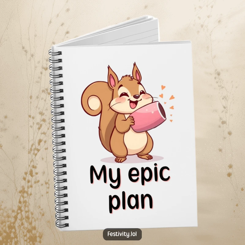 Funny notebook with a delighted squirrel holding a party popper, ready to burst, ideal for planning and notes.