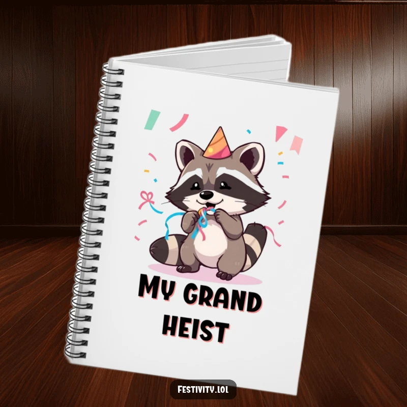 Funny notebook cover with a mischievous raccoon heroically stealing party streamers, inspiring creative and funny notes.