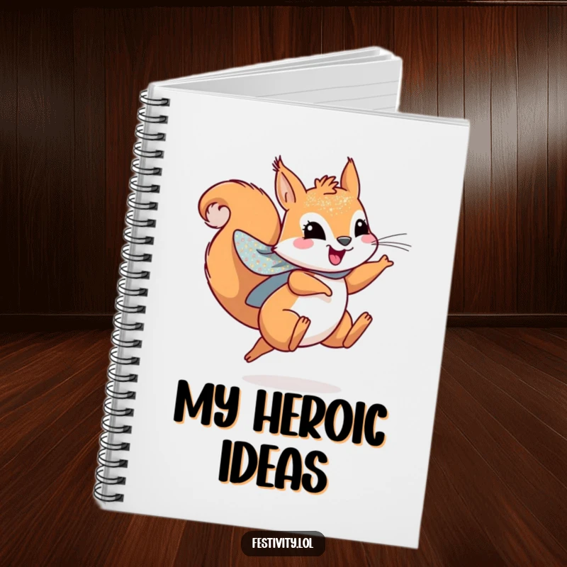 Funny notebook featuring a playful squirrel wearing a sparkly cape, leaping joyfully, ideal for notes and plans.