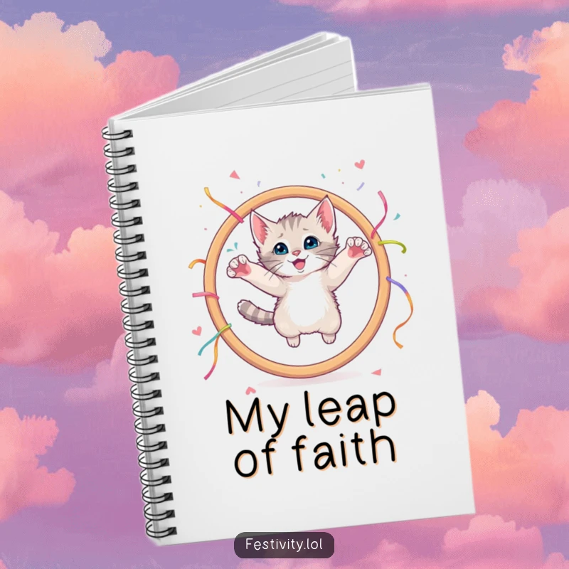 Funny notebook cover showing a curious kitten leaping through a large hoop with streamers.