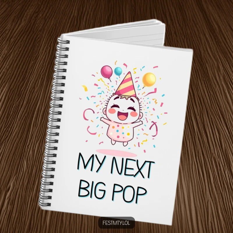 Funny notebook cover with a giggling party popper character exploding with streamers and confetti, inspiring creative and joyous note-taking.
