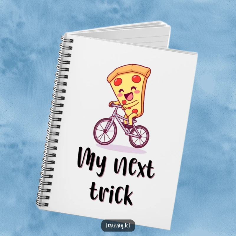 Funny pizza slice character giggling while riding a unicycle, featured on the cover of a funny notebook.