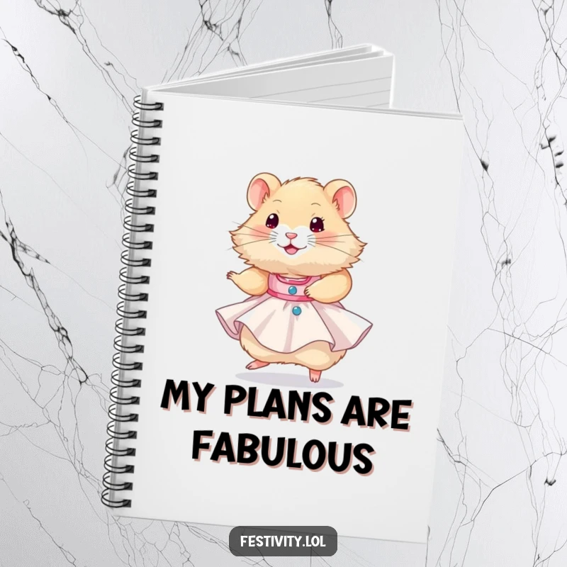 Funny hamster wearing a tiny party dress and twirling happily, a humorous cover for a notebook inspiring creative and fun ideas.