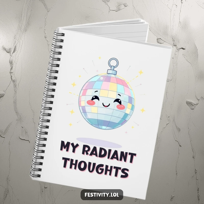 Funny notebook cover with a satisfied disco ball scattering bright beams of light with a happy twinkle, for inspired writing.