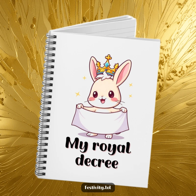Funny rabbit notebook featuring a cheerful rabbit wearing a crown and holding a banner, inspiring regal note-taking and grand ideas.