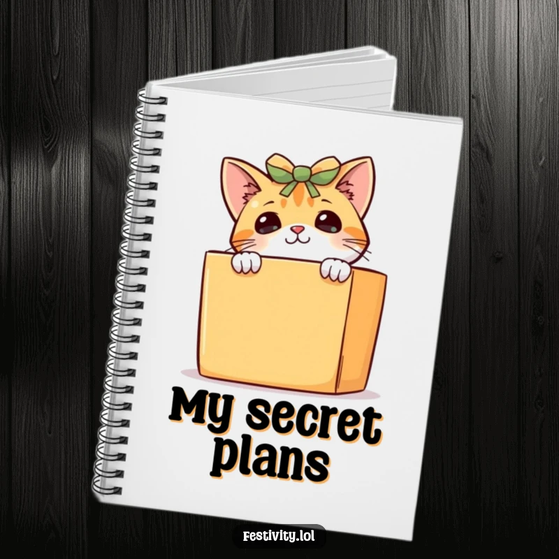Funny curious cat notebook, a playful kitten peeking from behind a gift box, perfect for notes and creative thoughts.