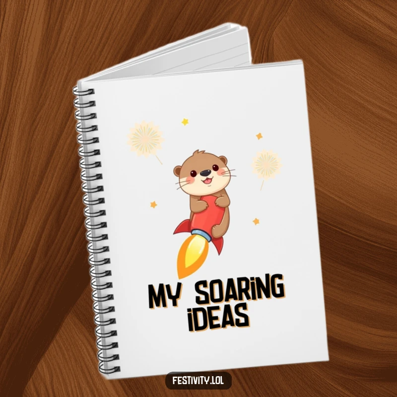 Funny otter notebook featuring a cheerful otter riding a firecracker like a rocket into the sky, perfect for note-taking with adventurous fun.