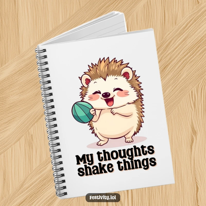 Funny hedgehog shaking a maraca with focused delight, featured on a notebook cover for jotting down ideas with festive flair.
