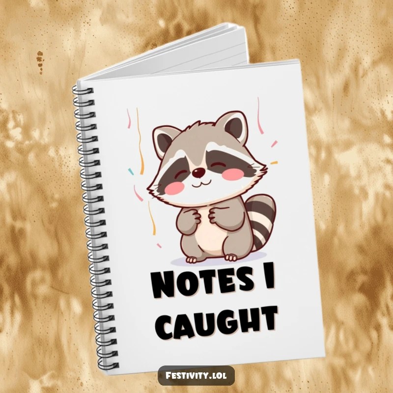 Funny notebook with a blushing raccoon adorably reaching for falling streamers, ideal for jotting down cute thoughts.