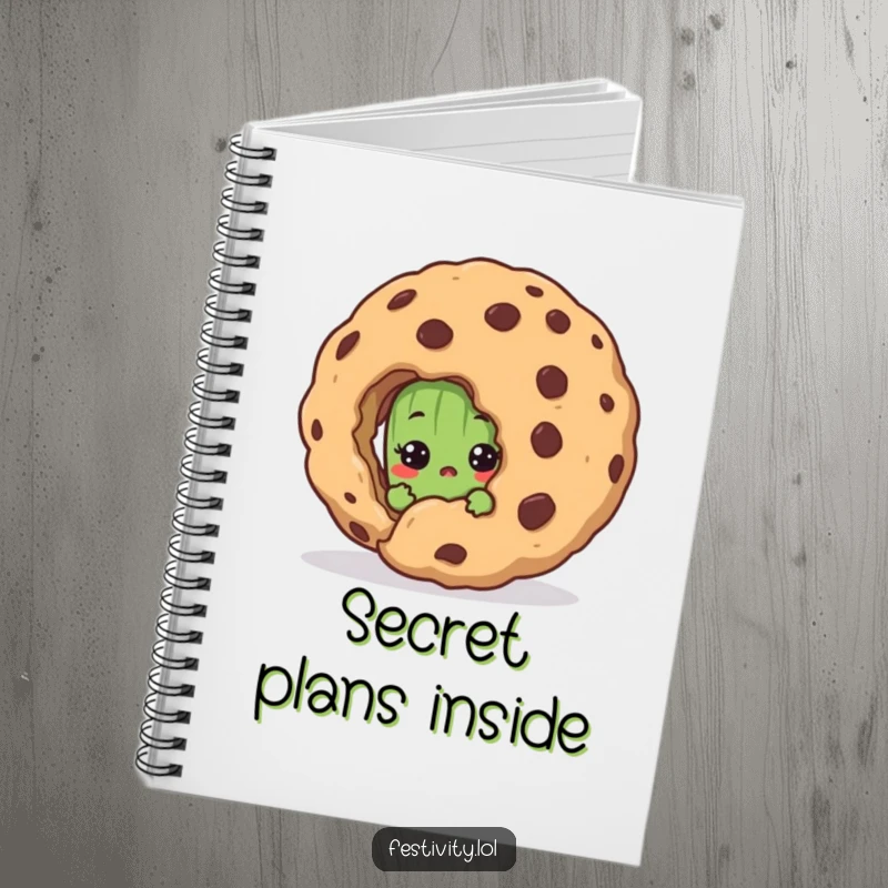 Funny notebook with a shy pickle character peeking with surprise behind a large cookie, perfect for journaling and note-taking.