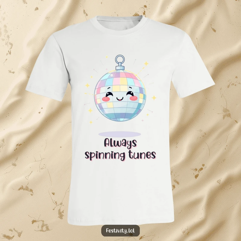 Funny t-shirt showcasing a satisfied disco ball character scattering beams of light with a happy twinkle, radiating party vibes.