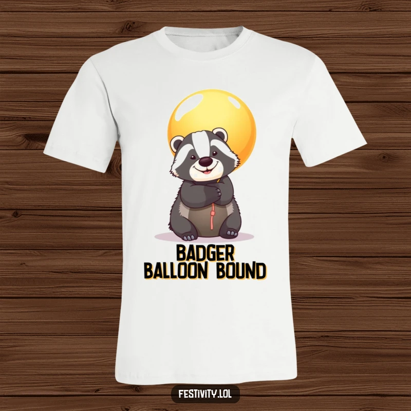 Funny Badger Balloon T-Shirt: A happy badger nestles in a giant colorful balloon hug, symbolizing friendship and joy.