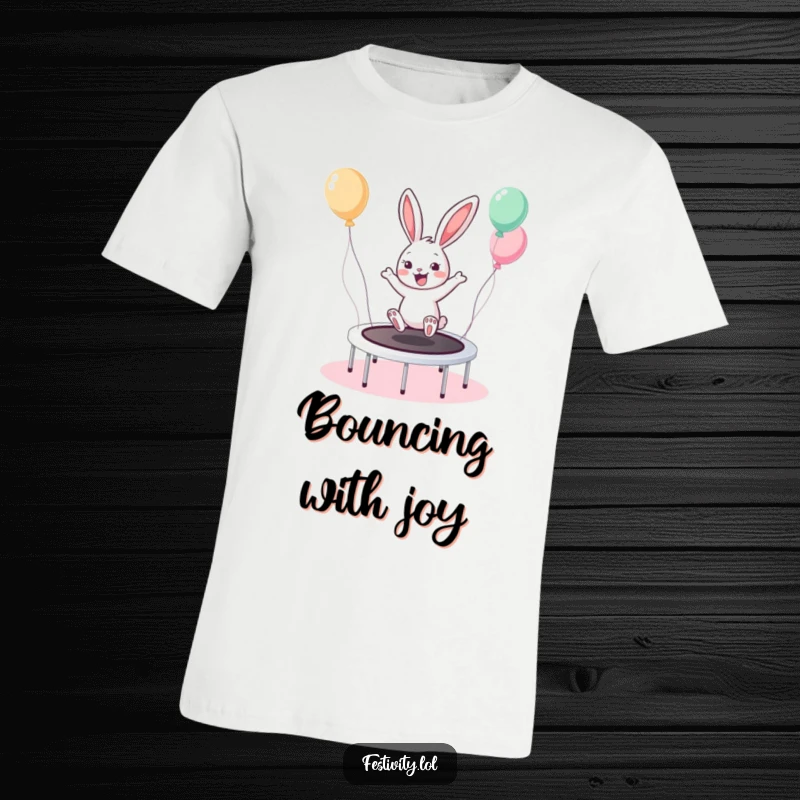 Funny Bunny Trampoline T-Shirt shows a cheerful bunny bouncing high on a balloon-decorated trampoline, full of life.