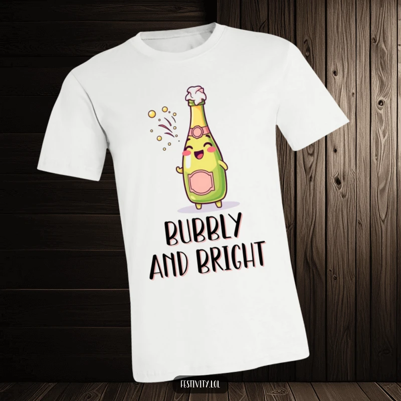 Funny cheerful champagne bottle character spraying bubbly foam on a festive, humorous t-shirt.