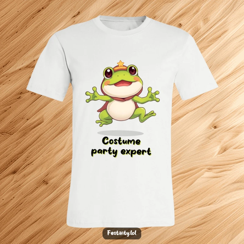 Funny Frog T-Shirt: A silly frog wears a fun costume and leaps with great enthusiasm, embodying humorous playfulness.