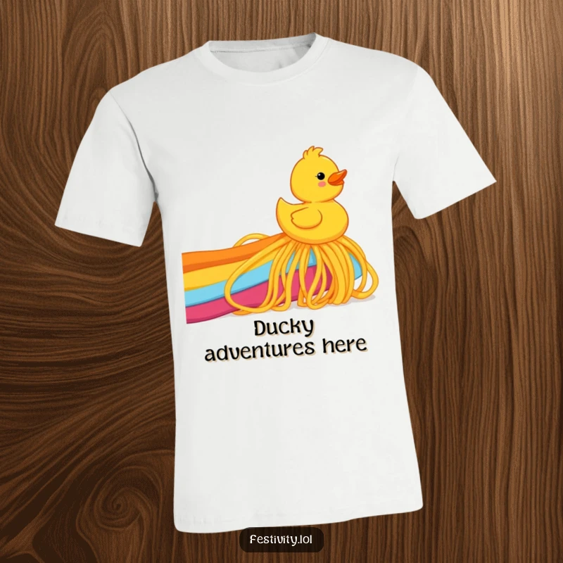 Funny rubber ducky joyfully sliding down a rainbow made of spaghetti, printed on a soft, comfortable t-shirt.