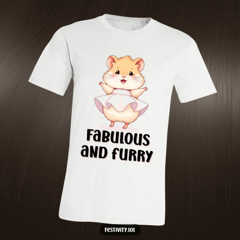 Funny hamster t-shirt, a cute, fluffy hamster wearing a small party dress, joyfully twirling around.