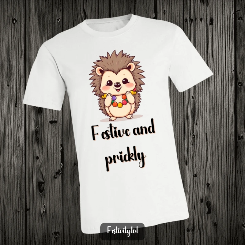 Funny t-shirt depicting a cheerful hedgehog adorned with a festive garland, clapping its paws with joy.