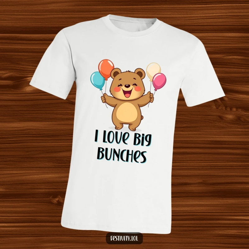 Funny bear t-shirt depicting a grinning bear skillfully juggling colorful balloons, radiating happiness and whimsical charm.