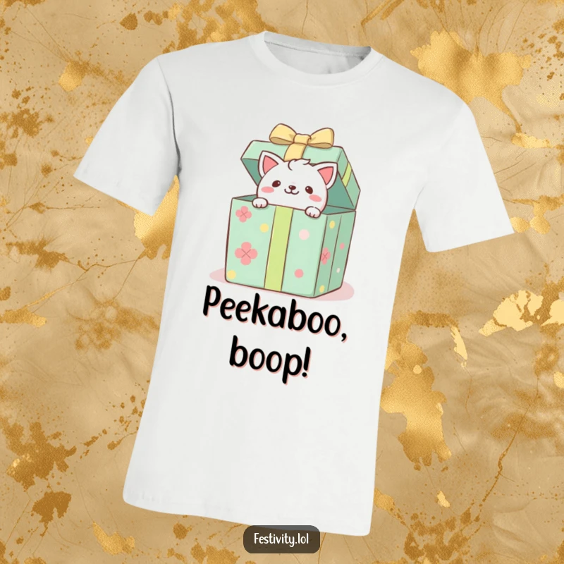 Funny t-shirt showing a playful critter peeking out of a large, decorated gift box, symbolizing surprise and fun.