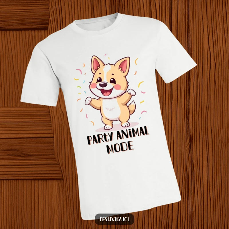 Funny t-shirt graphic of a happy dog dancing with streamers wrapped around its body, full of joy and movement.