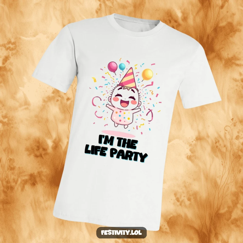 Funny t-shirt with a giggling party popper character exploding in a shower of colorful streamers and confetti, pure joyous chaos.