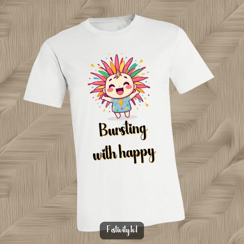Funny t-shirt showcasing a jubilant firework character bursting with colorful, joyful patterns, radiating festive excitement.