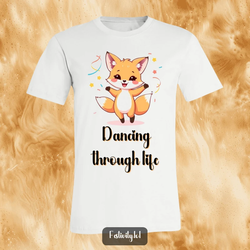 Funny t-shirt of a happy fox cub dancing joyfully amidst colorful streamers, embodying pure celebration.