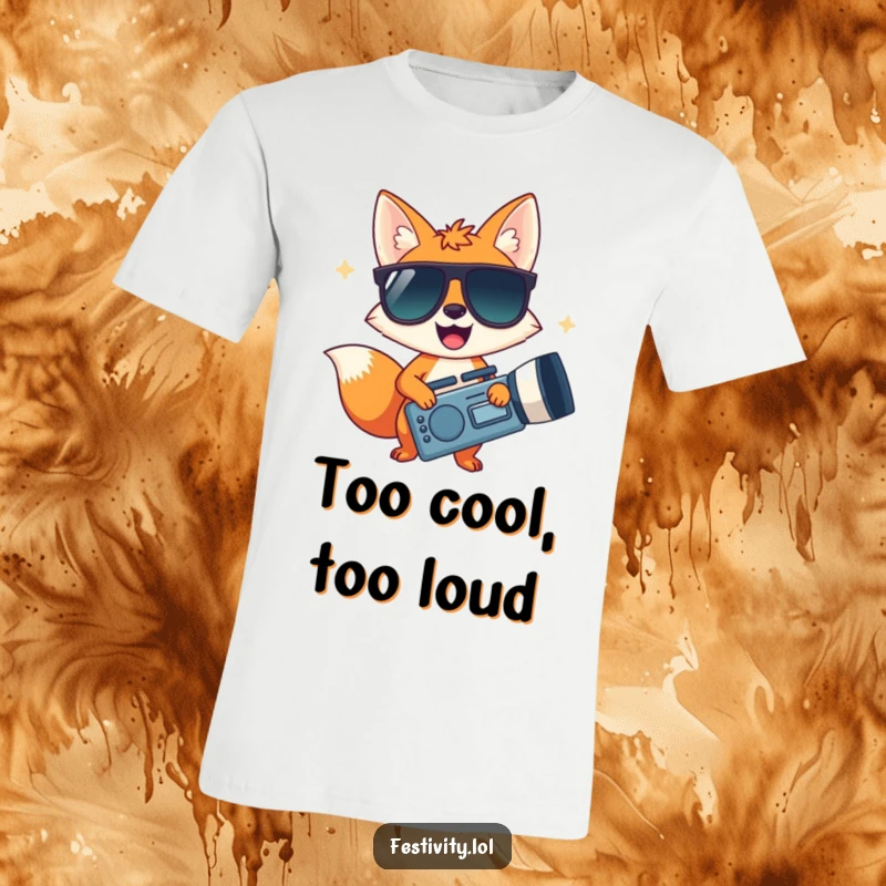 Funny t-shirt with a happy fox wearing huge sunglasses and holding a giant noisemaker, exuding cool party energy.