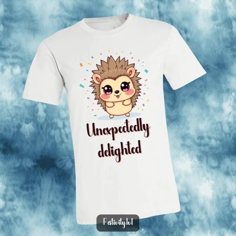 Funny hedgehog t-shirt with a happy hedgehog caught in a surprise explosion of colorful confetti, wide eyes full of glee. Great for parties.