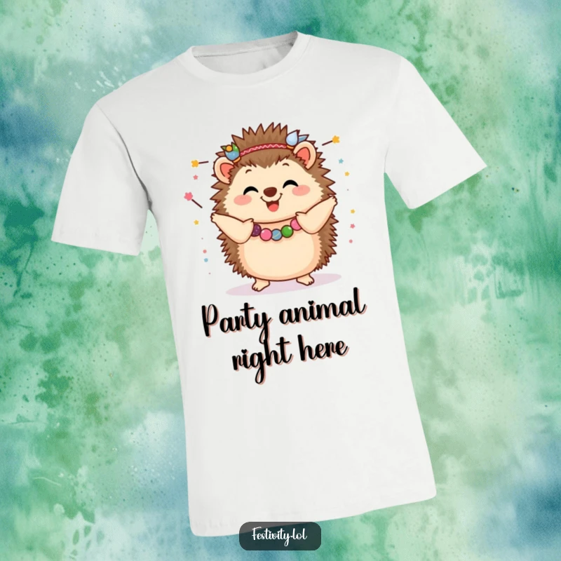 Funny Hedgehog T-Shirt: A happy hedgehog wearing festive garlands, captured mid-dance with infectious glee.