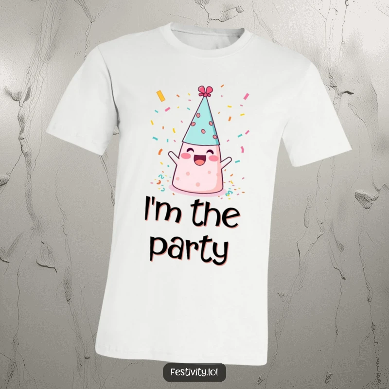 Funny cheerful party hat showering confetti, a humorous and festive t-shirt for party lovers.