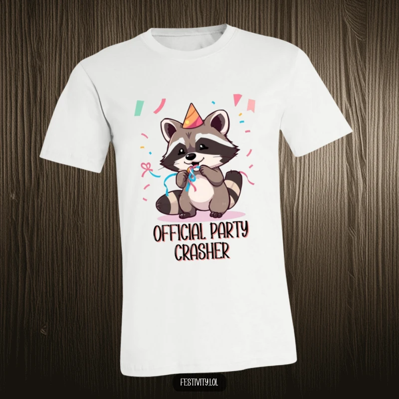 Funny t-shirt featuring a cute, mischievous raccoon mid-streamer heist at a party, expressing naughty fun and celebration.